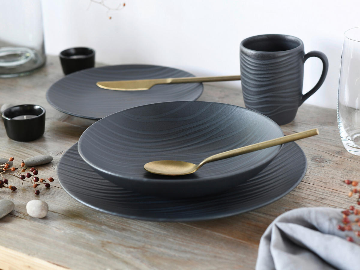 CreaTable Kombiservice Waves schwarz Steinzeug 16 tlg. Waves - schwarz - CreaTable