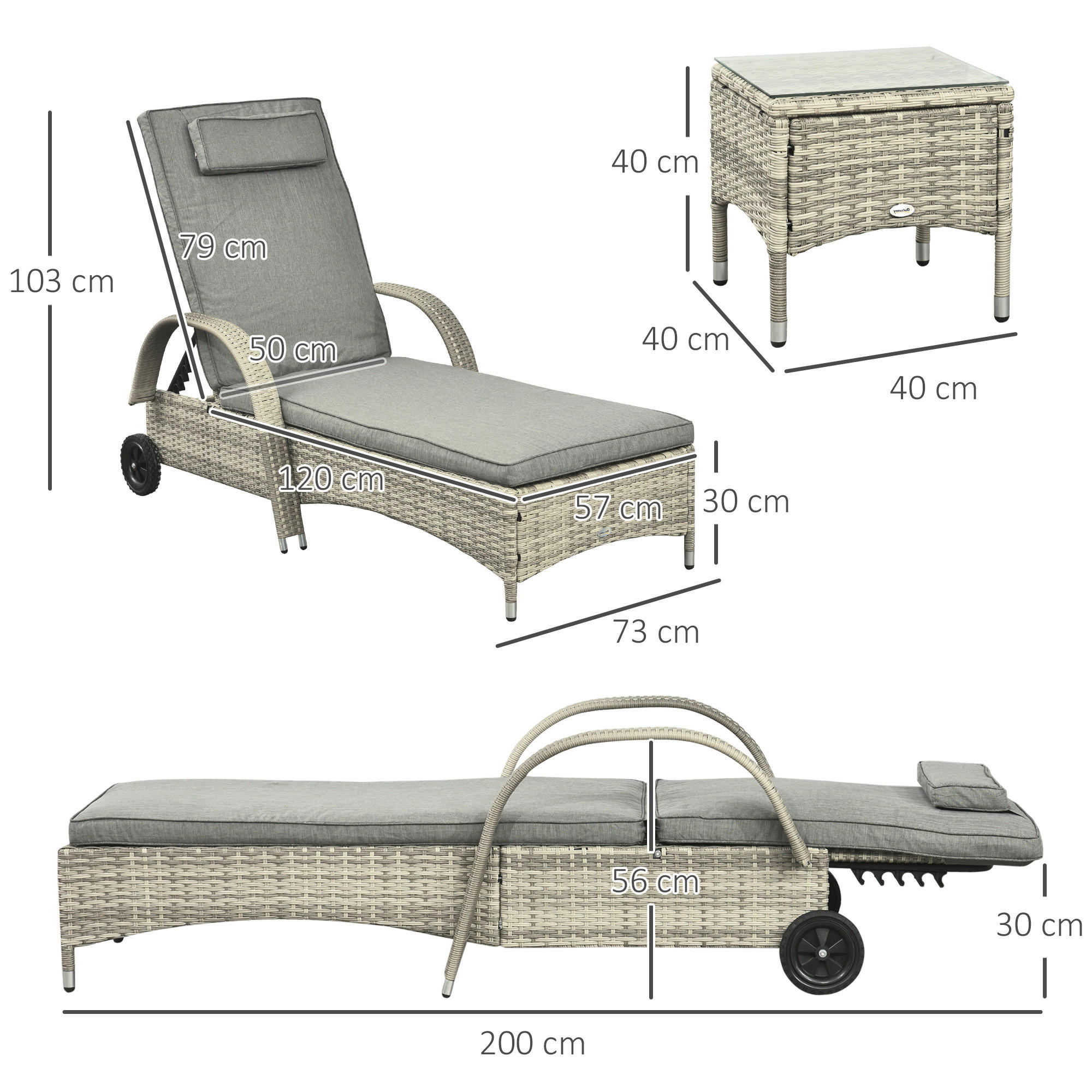 Outsunny Gartenliege-Set mit Tisch grau Polyrattan B/H/L: ca. 73x103x200 cm Gartenliege-Set mit Tisch - grau (200,00/73,00/103,00cm) - Outsunny