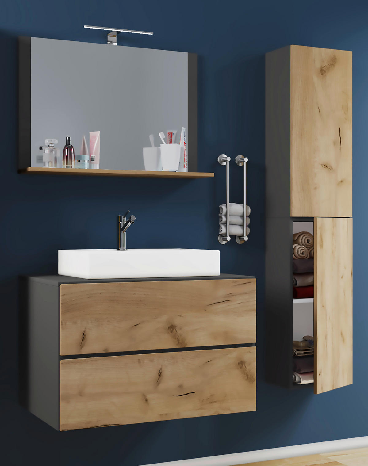 Waschplatz 4tlg-Lendas weiß anthrazit Eiche Honig Nachbildung B/H/T: ca. 80x52x52 cm 4tlg-Lendas - Eiche/weiß (80,00/52,00/52,00cm) - VCM Möbel