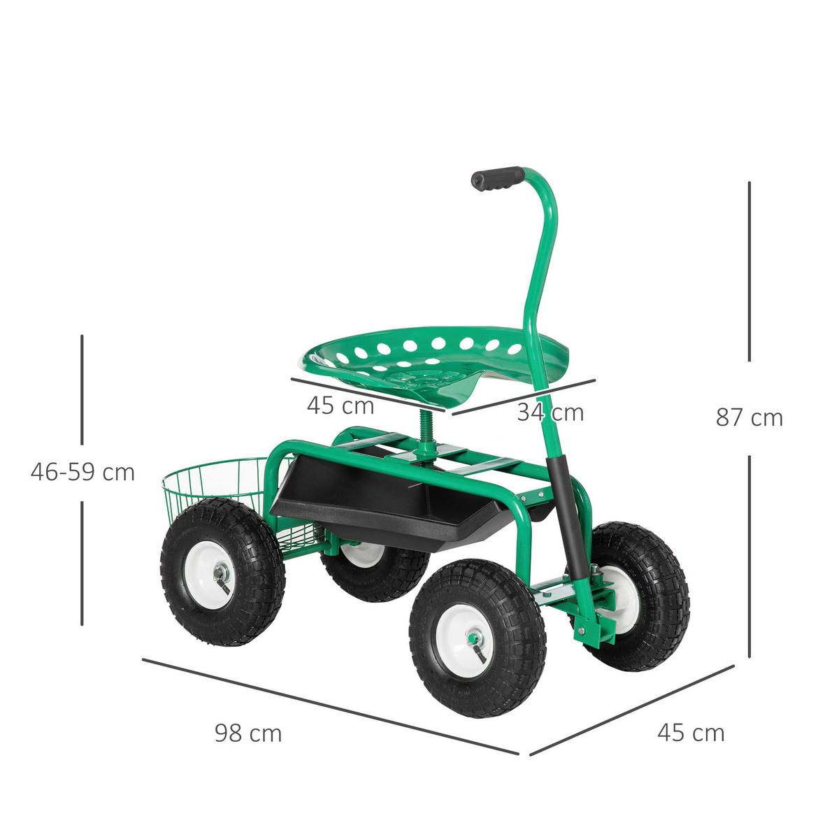 Outsunny Fahrbarer Gartensitz grün Gummi B/H/L: ca. 44,5x59x81 cm Gartenwagen_fahrbar - grün (81,00/44,50/59,00cm) - Outsunny