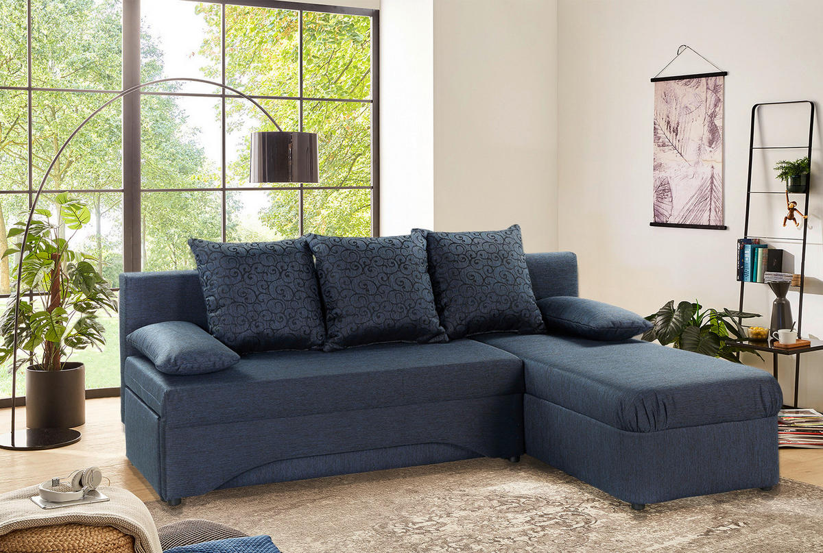 Ecksofa mit Bettfunktion und Bettkasten dunkelblau B/H/T: ca. 191x41x142 cm Polaris_Ecksofa - schwarz/dunkelblau (191,00/41,00/142,00cm)