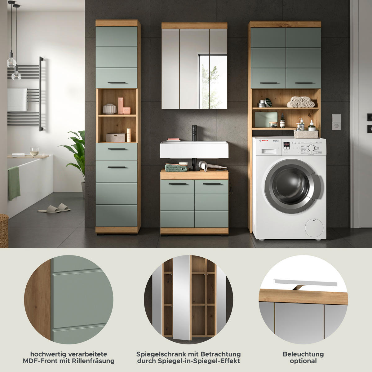 Badezimmer-Set Scout Eiche Artisan Nachbildung salbei Nachbildung B/H/T: ca. 190x191x34 cm Scout - Eiche/salbei (190,00/191,00/34,00cm) - xonox.home