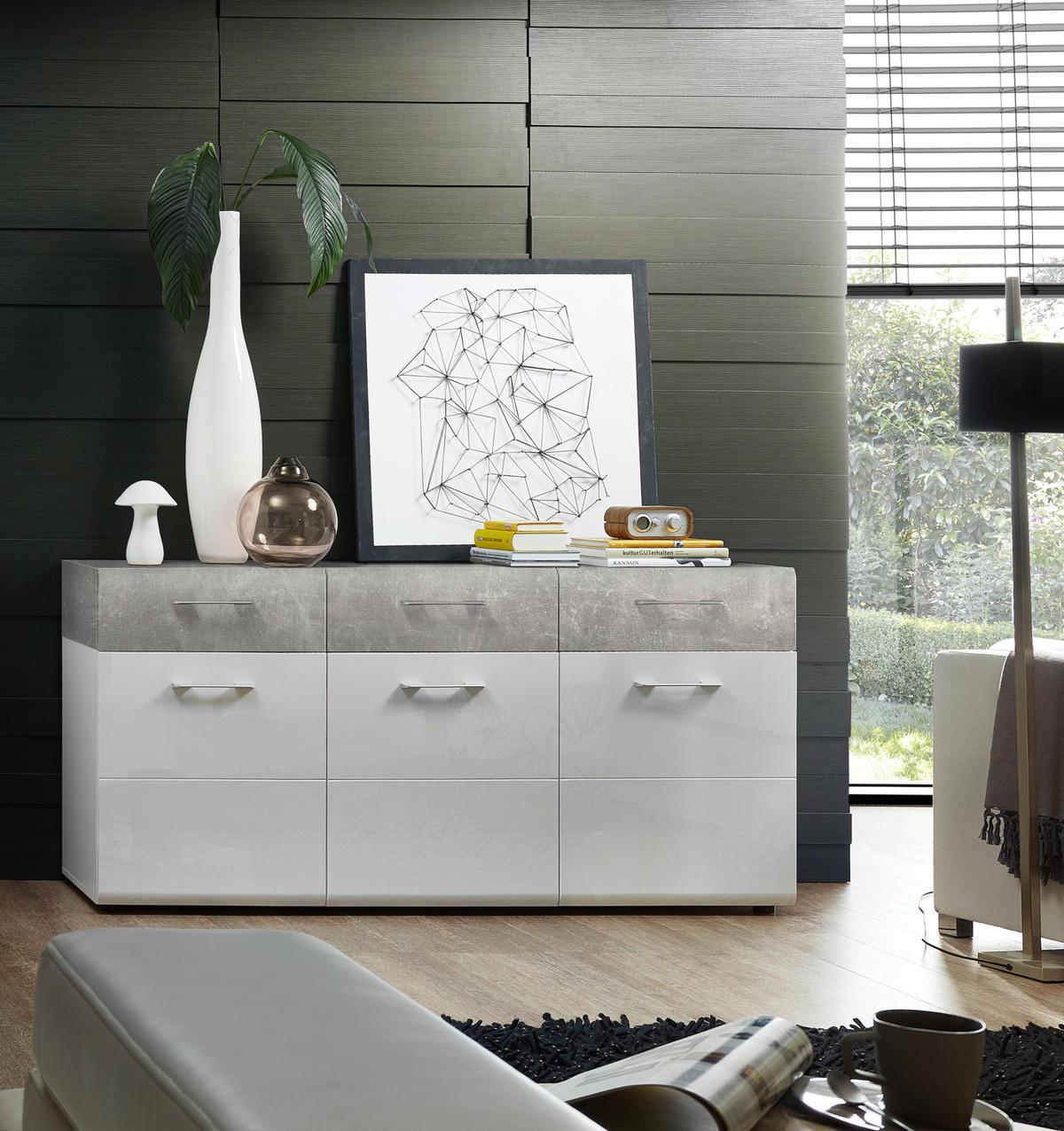 Sideboard Spirit weiß weiß Hochglanz Sandeiche Nachbildung B/H/T: ca. 175x85x44 cm Spirit - weiß (175,00/85,00/44,00cm)