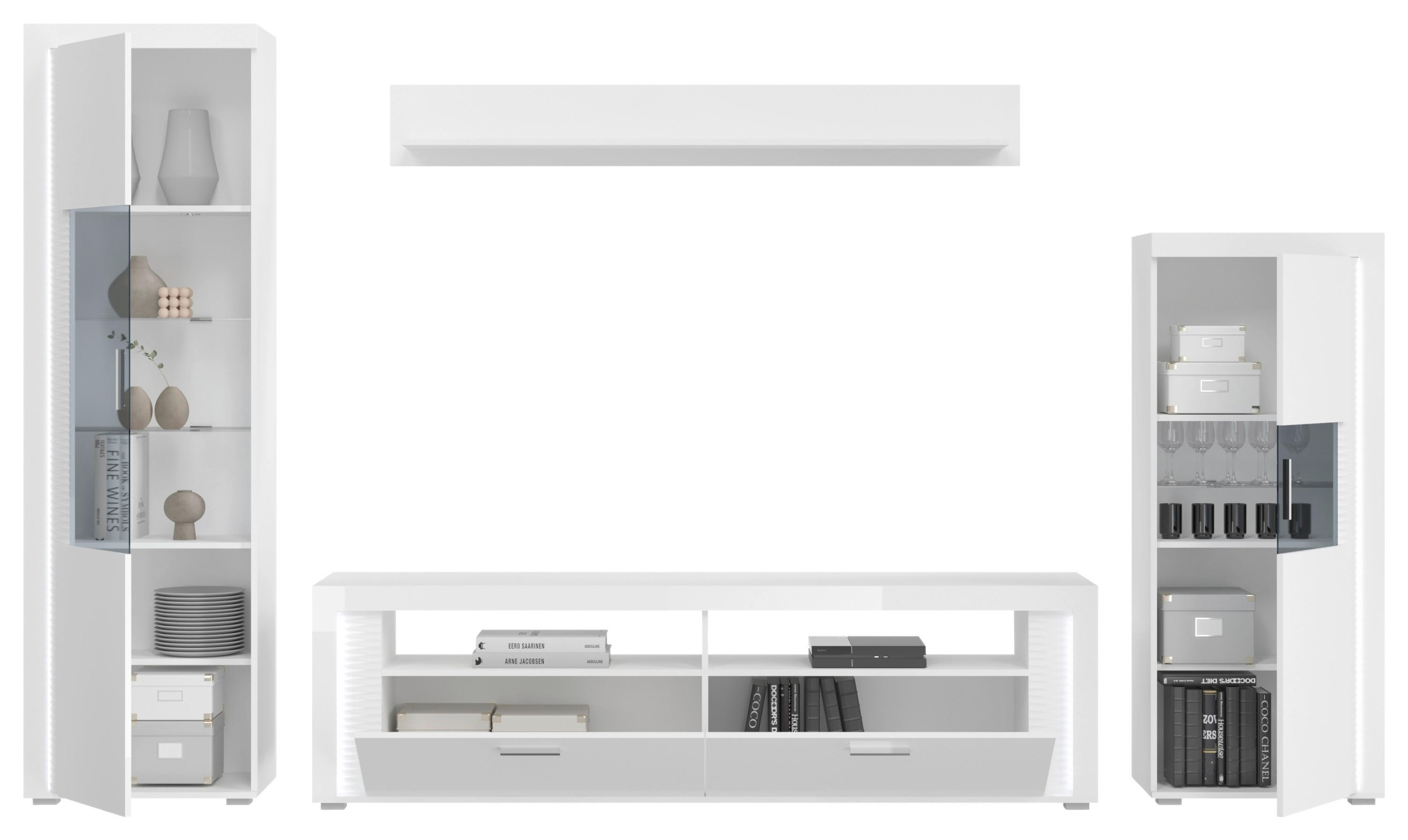 Wohnwand SKYLIGHT weiß weiß Hochglanz Pasol grau B/H/T: ca. 351x202x46 cm SKYLIGHT - weiß/Pasol grau (351,00/202,00/46,00cm) - xonox.home
