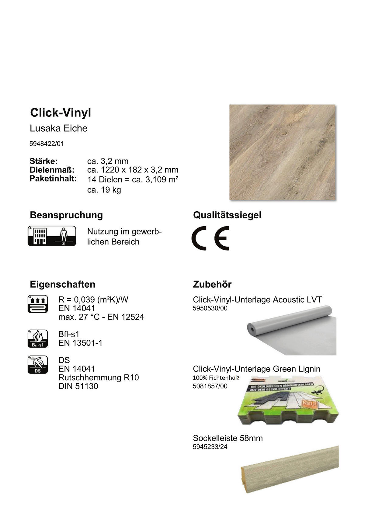 Click-Vinylboden Lusaka ca. 3,109 m² im Paket  B/L: ca. 18,2x122 cm pro Paket Lusaka ca. 3,109 m² im Paket - Eiche (18,20/122,00cm)