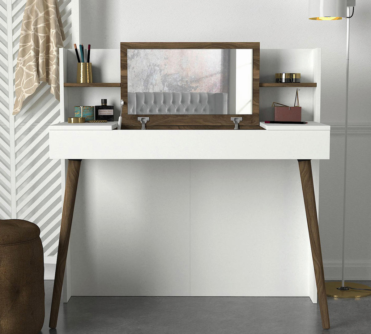 Schminktisch Retro weiß walnuss Nachbildung B/H/T: ca. 116x120x52 cm Retro - weiß/walnuss (116,00/120,00/52,00cm) - moebel17