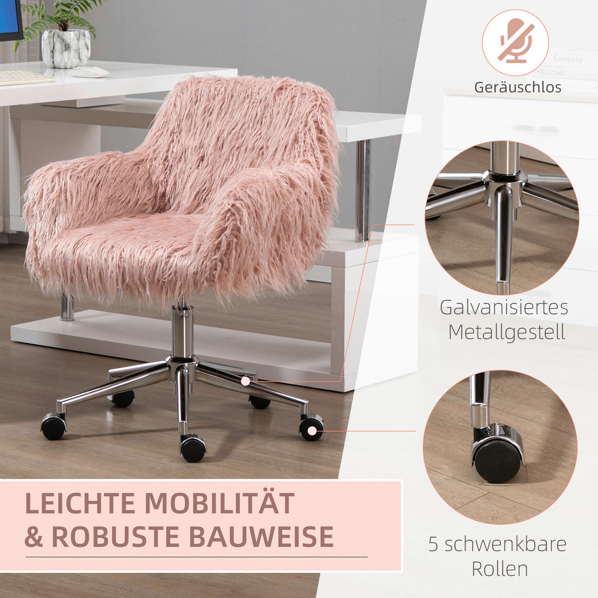 Drehstuhl 921-548PK rosa silber 921-548PK - rosa/silber (57,00/85,00/60,00cm) - Vinsetto
