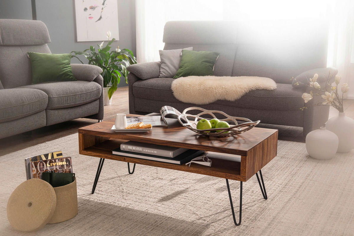 Wohnling Couchtisch natur schwarz Echtholz Edelstahl B/H/T: ca. 100x40x50 cm Couchtisch - natur/schwarz (100,00/40,00/50,00cm) - Wohnling