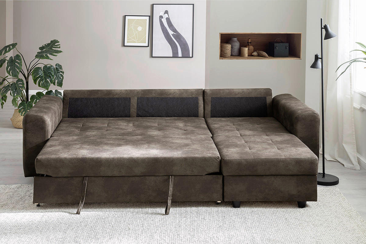 Ecksofa mit Bettfunktion und Bettkasten dunkelbraun B/T: ca. 245x155 cm Rise_L_2F.REC/BK_Ecksofa - dunkelbraun/schwarz (245,00/155,00cm)