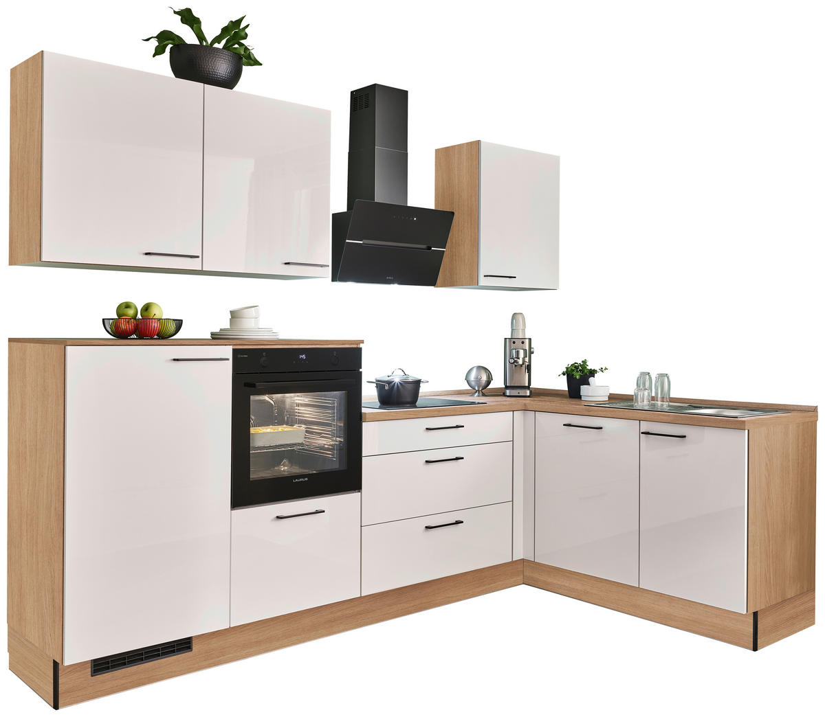 pino Winkelküche PN215 Magnolienweiß Hochglanz B/H/T: ca. 275x220x175 cm PN215 - Eiche/schwarz (275,00/220,00/175,00cm) - pino