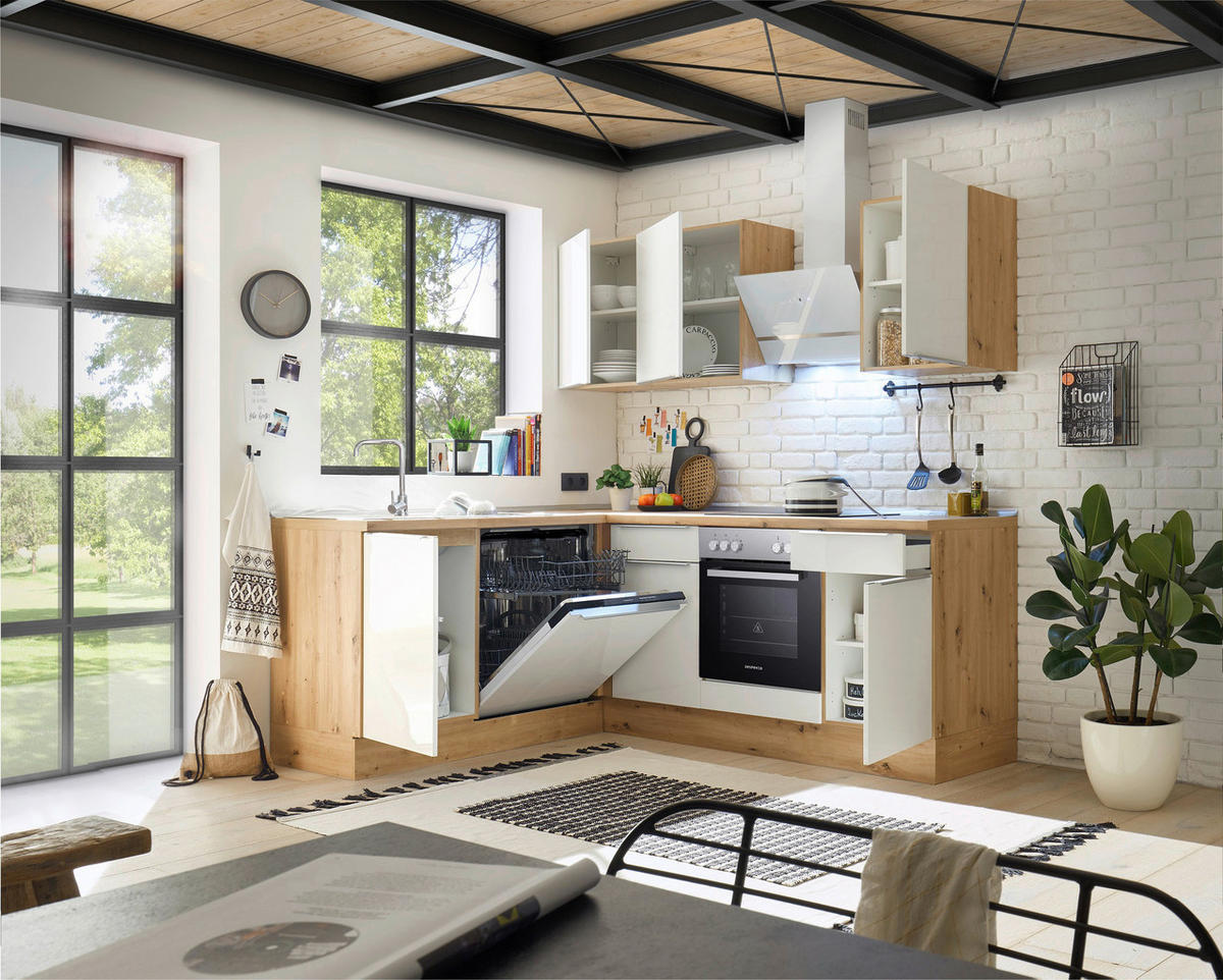 Respekta Winkelküche Marleen weiß Hochglanz B/H/T: ca. 211x220x170 cm Marleen - Eiche/weiß (211,00/220,00/170,00cm) - Respekta