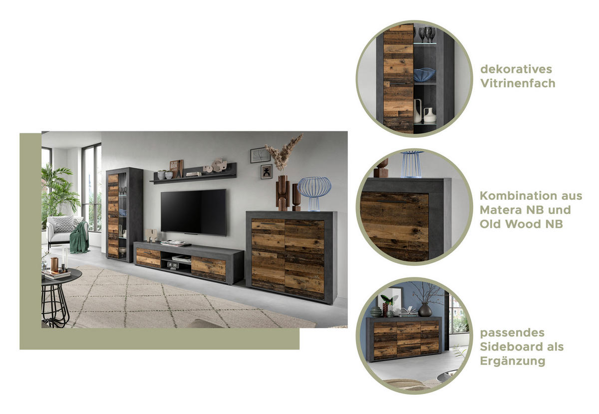Wohnwand Jam Matera Nachbildung Old Wood Nachbildung B/H/T: ca. 159x255x35 cm Jam - (159,00/255,00/35,00cm) - xonox.home