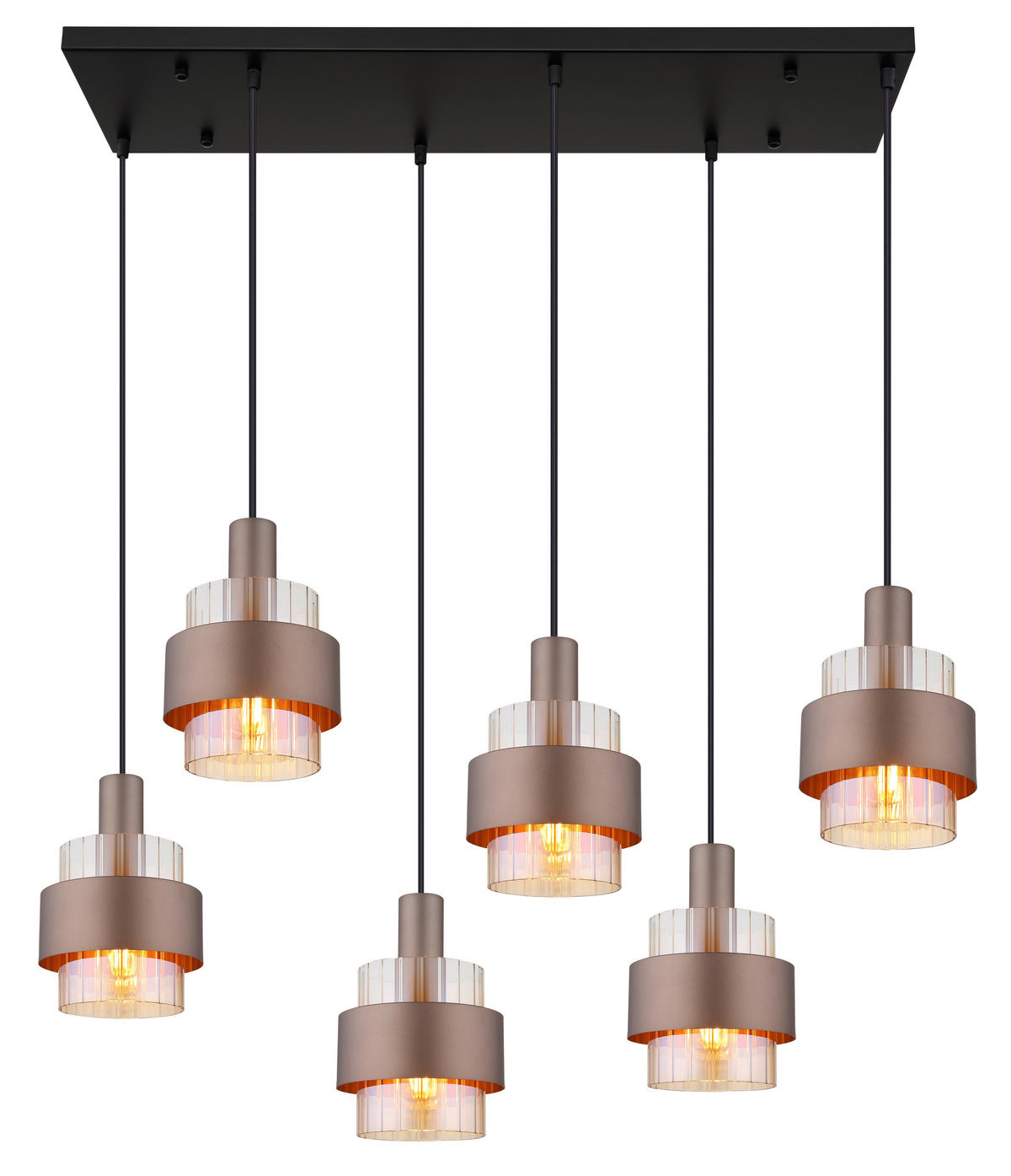 GLOBO Pendelleuchte schwarz amber Metall Glas B/H/L: ca. 34,5x150x96 cm E27 6 Brennstellen MILLEY - schwarz/amber (96,00/34,50/150,00cm) - GLOBO