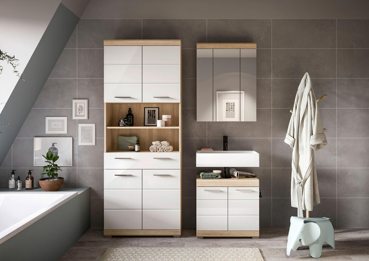 Badezimmer-Set Lambada Eiche Sonoma Nachbildung weiß Hochglanz B/H/T: ca. 149x34x191 cm Lambada - Eiche/weiß (149,00/34,00/191,00cm) - xonox.home
