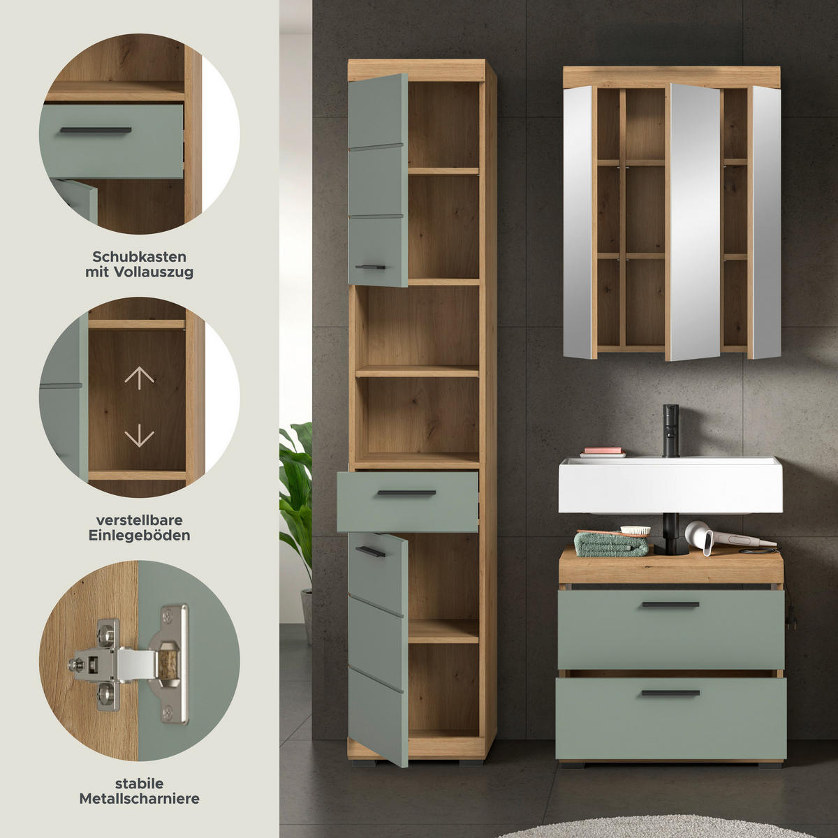 Badezimmer-Set Scout Eiche Artisan Nachbildung salbei Nachbildung B/H/T: ca. 112x191x37 cm Scout - Eiche/salbei (112,00/191,00/37,00cm) - xonox.home