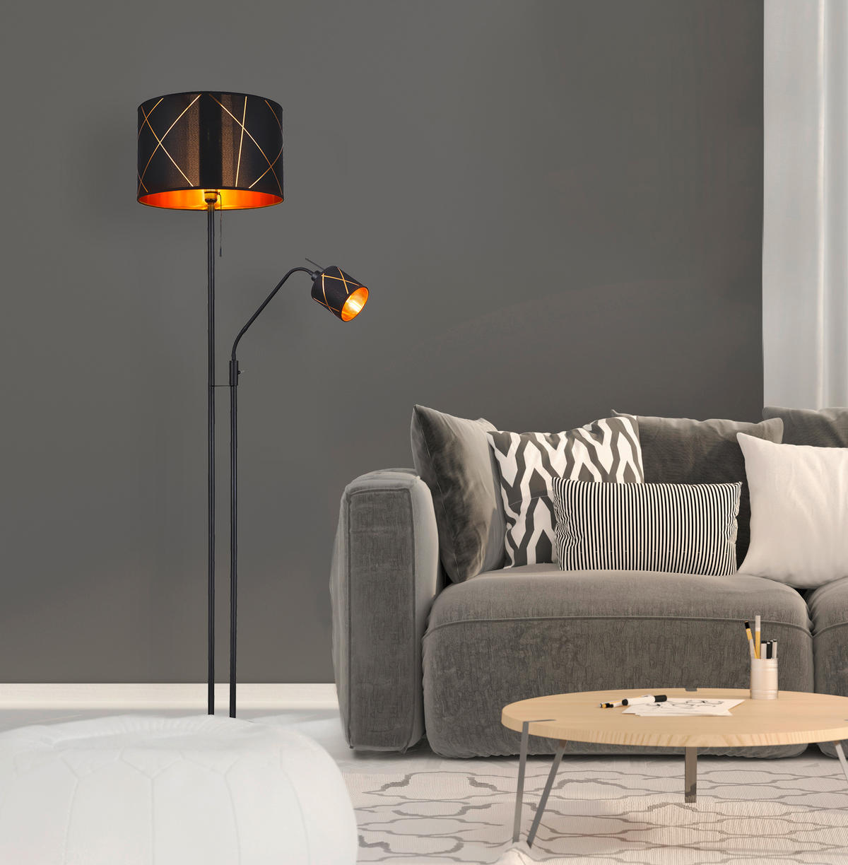 GLOBO Stehleuchte BEMMO 15431S3 schwarz gold Metall Acryl Textil H/D: ca. 175x40 cm BEMMO - gold/schwarz (40,00/175,00cm) - GLOBO