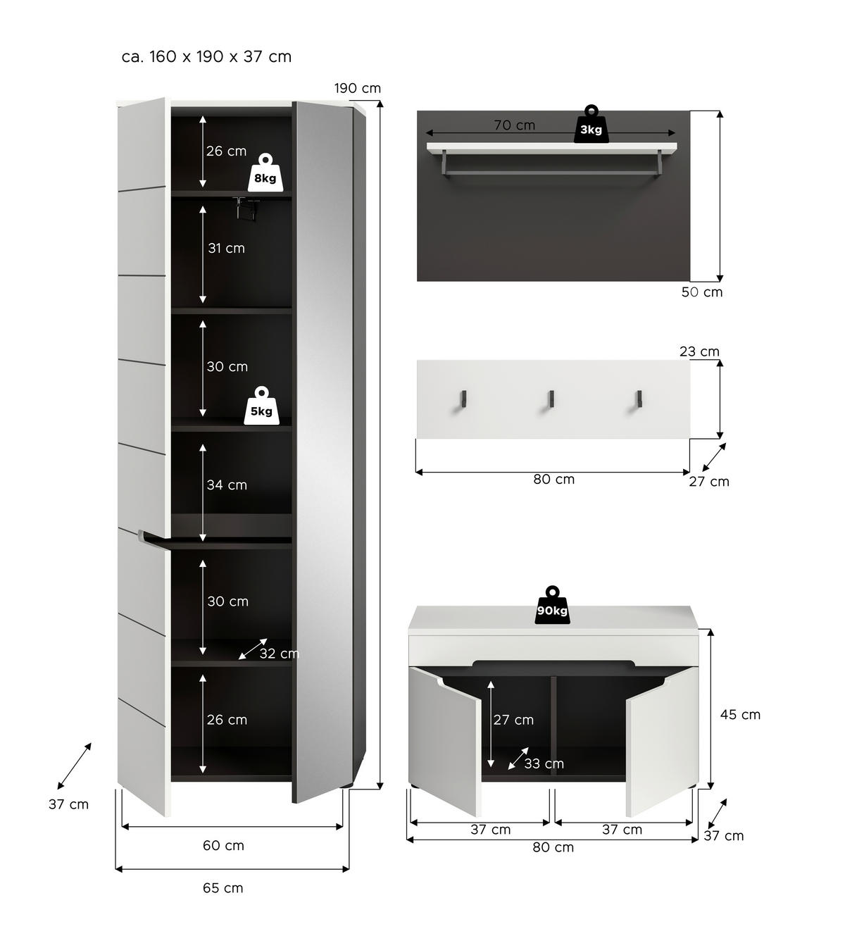 Garderobe Canu basaltgrau Nachbildung weiß B/H/T: ca. 160x190x37 cm Canu - weiß/basaltgrau (160,00/190,00/37,00cm) - xonox.home