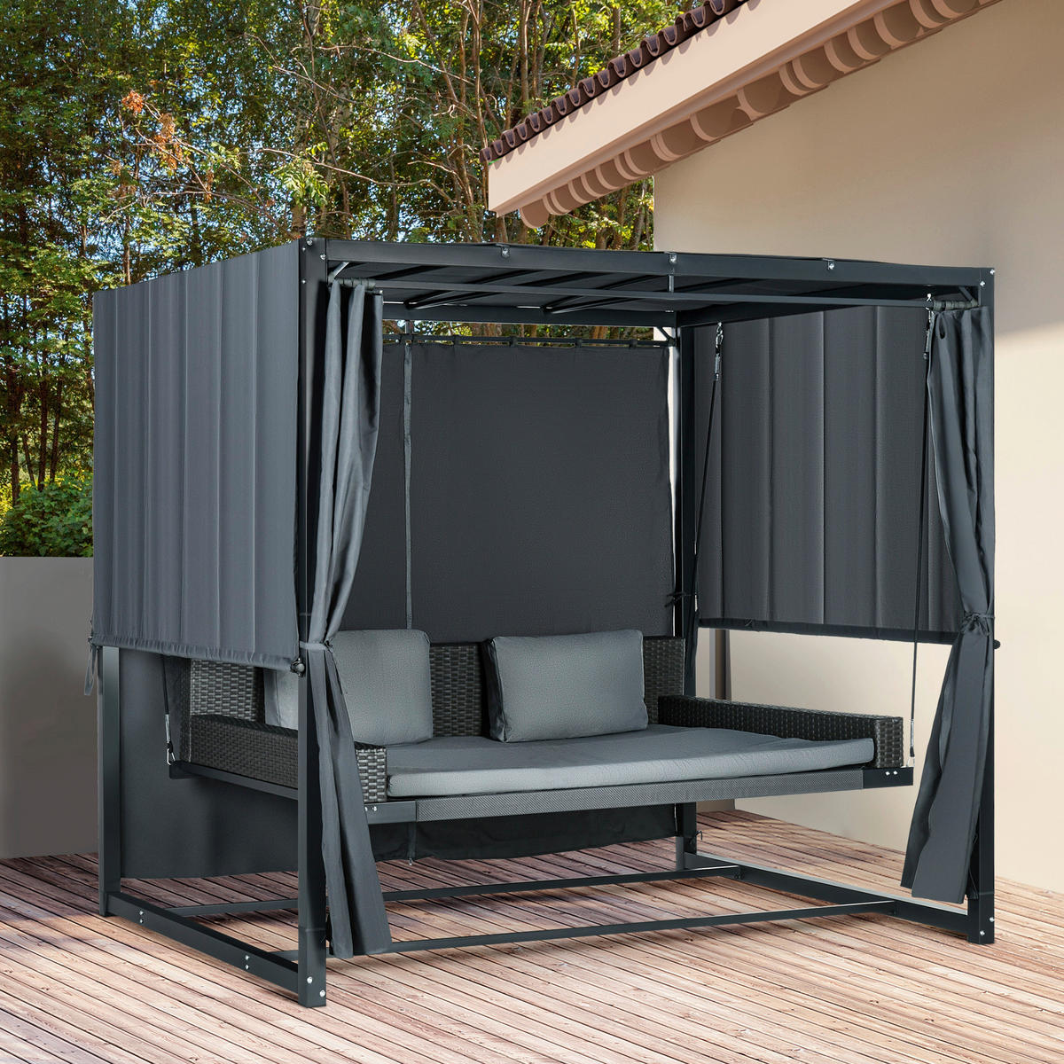 Outsunny Hollywoodschaukel mit Pergola dunkelgrau Polyethylen B/H/L: ca. 180x210x235 cm Hollywoodschaukel_mit_Pergola - dunkelgrau (235,00/180,00/210,00cm) - Outsunny