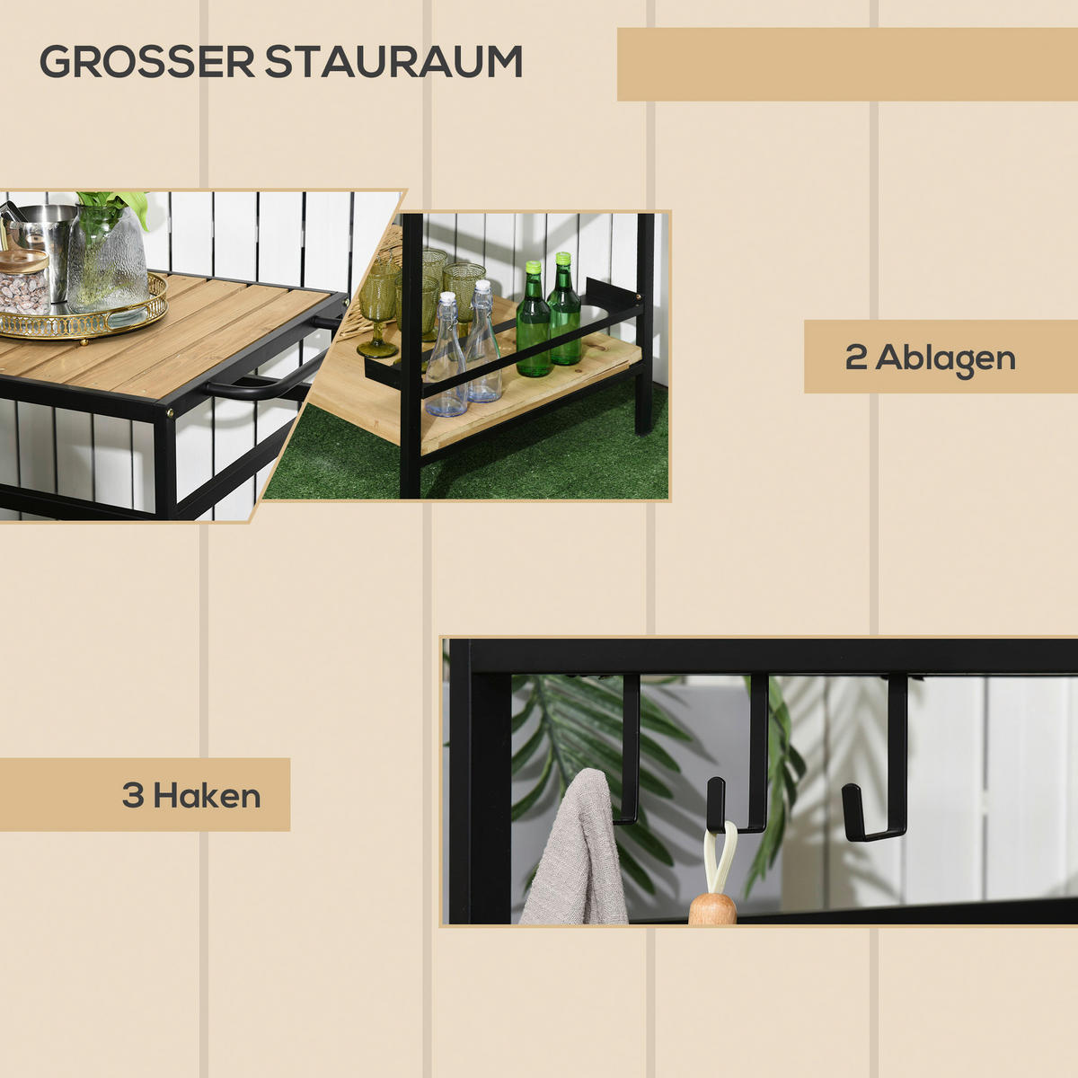 Outsunny Servierwagen natur Stahl B/H/L: ca. 65x80x107 cm Servierwagen - natur (107,00/65,00/80,00cm) - Outsunny