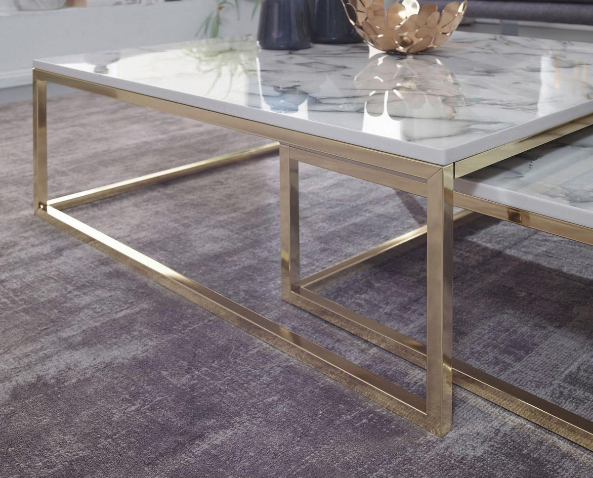 Couchtisch 2er-Set. weiß Marmor Optik gold lackiert 2er-Set. - gold/weiß - Wohnling