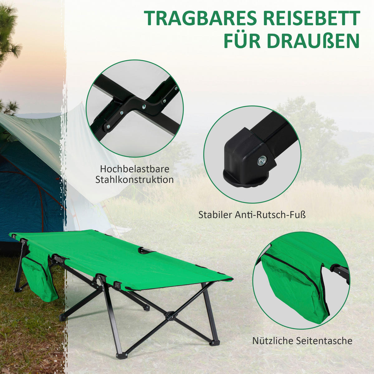 Outsunny Campingbett B/H/L: ca. 65x40x195 cm Campingbett - schwarz/grün (195,00/65,00/40,00cm) - Outsunny