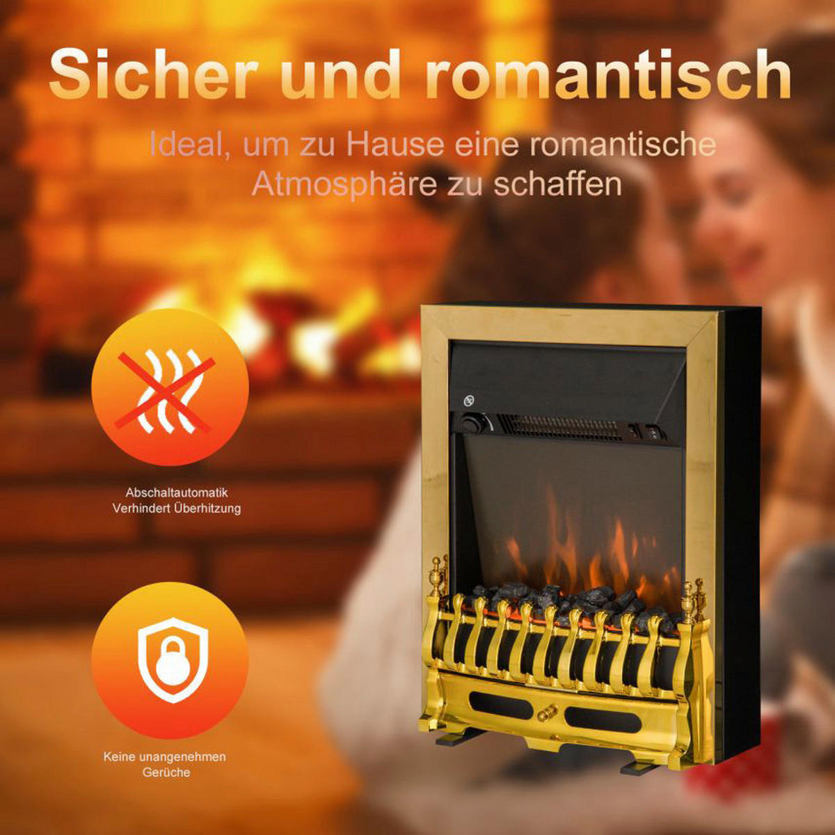 HOMCOM Elektrischer-Kamin 820-043 gold schwarz Metall Kunststoff B/H/T: ca. 48x59x18,5 cm ca. 2000 W Elektrokamin 820-043 - gold/schwarz (48,00/59,00/18,50cm) - HOMCOM