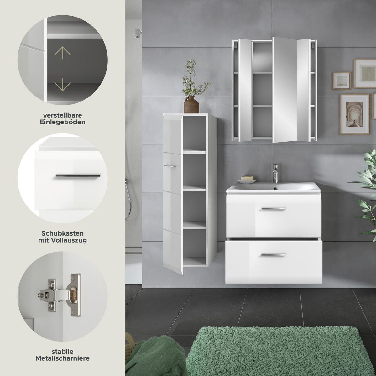 Badezimmer-Set Ice weiß weiß Hochglanz B/H/T: ca. 105x185x46 cm Ice - weiß (105,00/185,00/46,00cm) - xonox.home