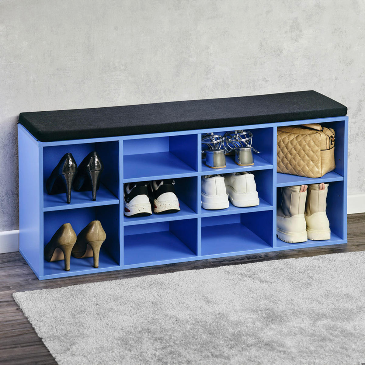 Kesper Schuhregal blau Spanplatte B/H/T: ca. 103,5x48x29,5 cm Schuhregal_mit_Sitzkissen - blau (103,50/48,00/29,50cm) - Kesper