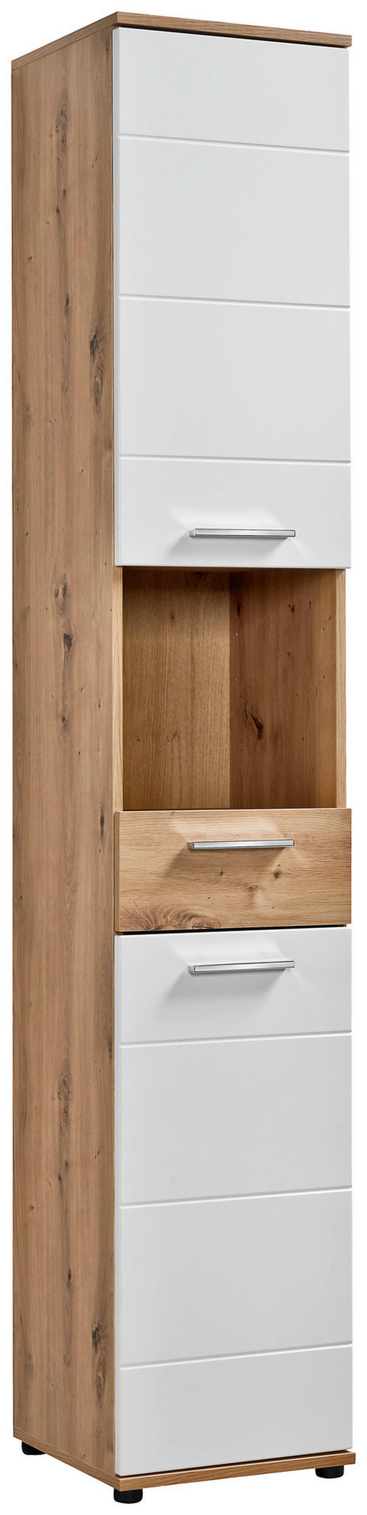 Badhochschrank Bergen Eiche Artisan Nachbildung weiß Hochglanz B/H/T: ca. 35x195x35 cm Bergen - Eiche/weiß (35,00/195,00/35,00cm)