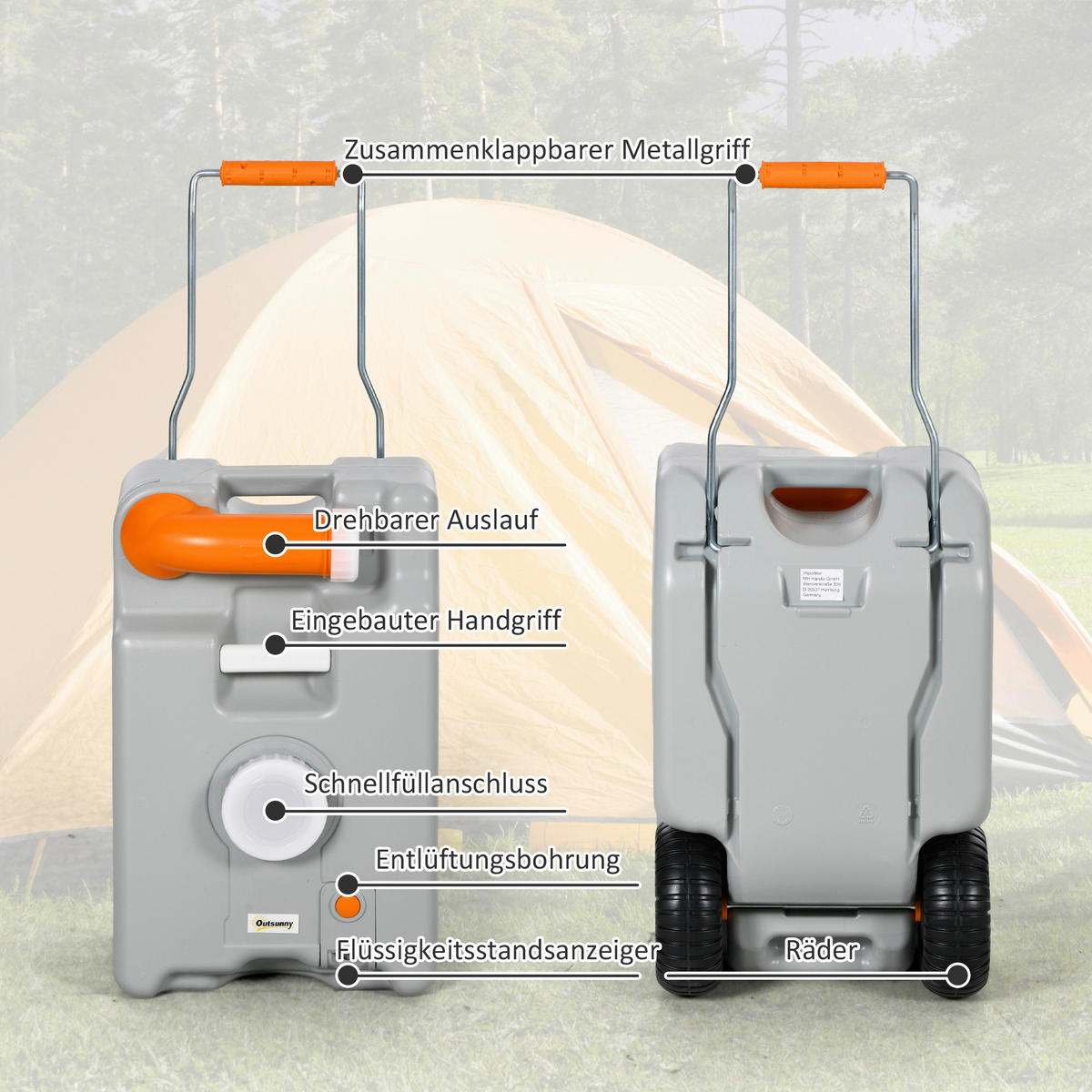 Outsunny Abwasser Rolltank B/H/L: ca. 26x53x33 cm Abwasser Rolltank 22l - grau (33,00/26,00/53,00cm) - Outsunny