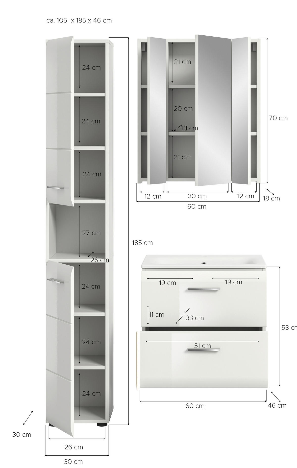 Badezimmer-Set Ice weiß weiß Hochglanz B/H/T: ca. 105x185x46 cm Ice - weiß (105,00/185,00/46,00cm) - xonox.home