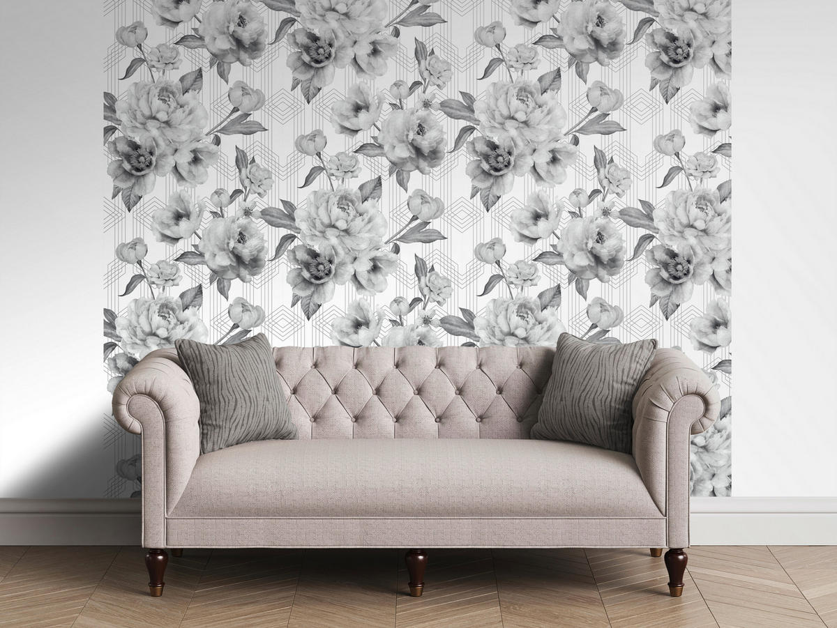 UGEPA Papiertapete Blumen grau weiß B/L: ca. 53x1005 cm glitzernd Papiertapete_A58509 - weiß/grau (53,00/1005,00cm) - UGEPA