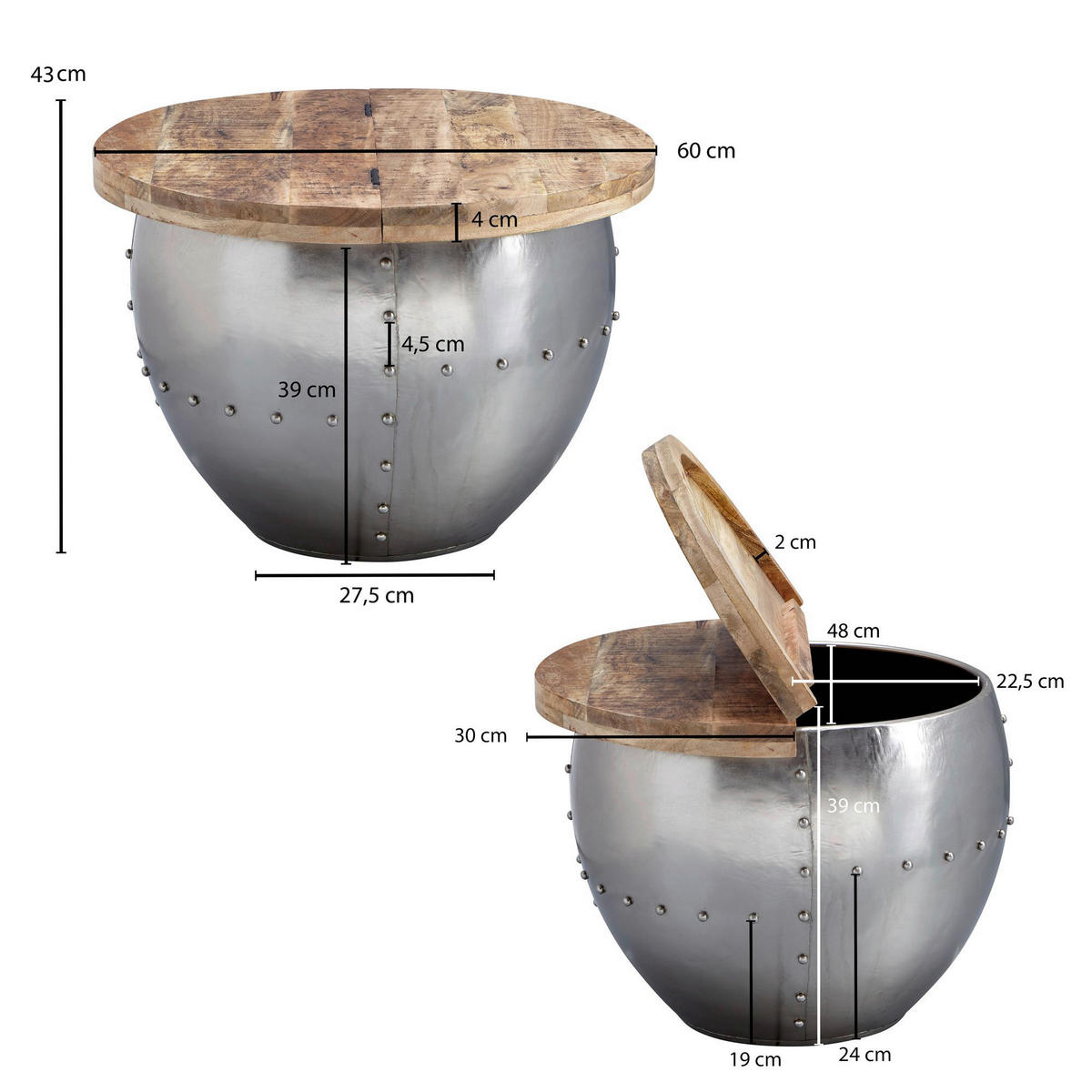 Couchtisch silber braun B/H/T: ca. 60x43x60 cm Couchtisch - braun/silber (60,00/43,00/60,00cm) - Wohnling