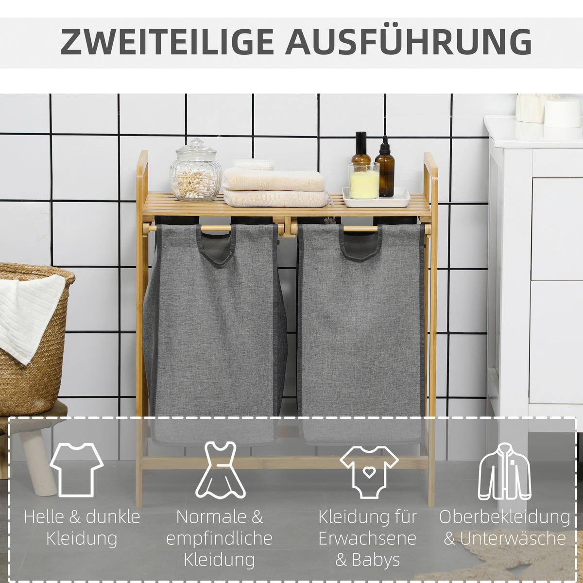 HOMCOM Wäschekorb grau B/H/L: ca. 33x63,5x73 cm Wäschekorb - grau (73,00/33,00/63,50cm) - HOMCOM