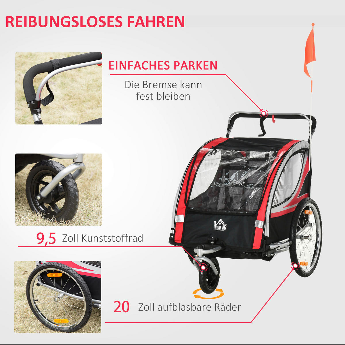 HOMCOM Fahrradanhänger schwarz schwarz B/H/L: ca. 75x142x101 cm Kinderanhänger - rot/schwarz (101,00/75,00/142,00cm) - HOMCOM