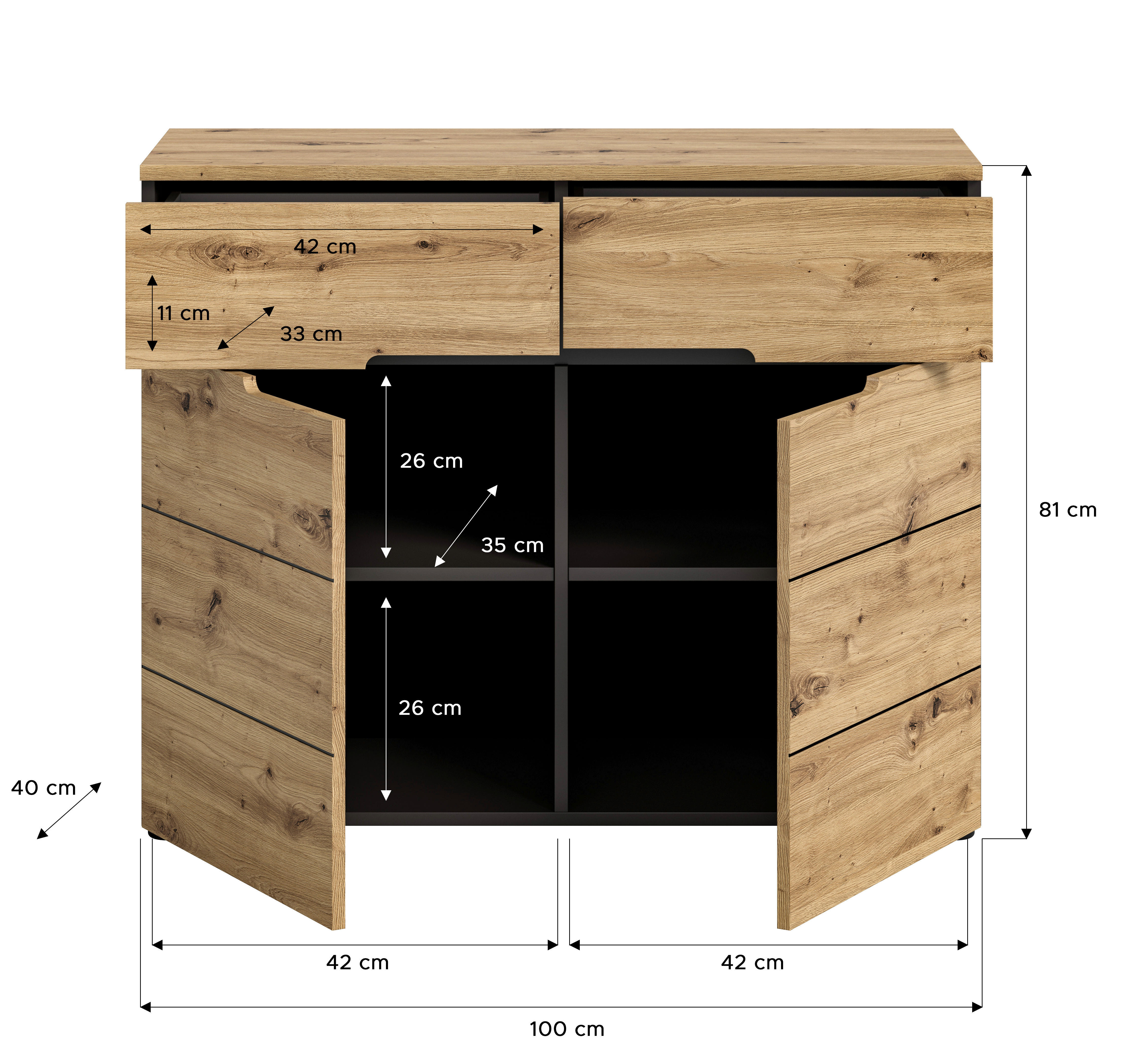 Kommode CANU edles Basaltgrau Nachbildung Eiche Artisan Nachbildung B/H/T: ca. 100x81x40 cm CANU - Eiche/edles Basaltgrau (100,00/81,00/40,00cm) - xonox.home