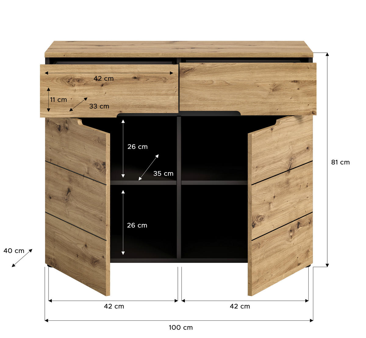 Kommode CANU edles Basaltgrau Nachbildung Eiche Artisan Nachbildung B/H/T: ca. 100x81x40 cm CANU - Eiche/edles Basaltgrau (100,00/81,00/40,00cm) - xonox.home