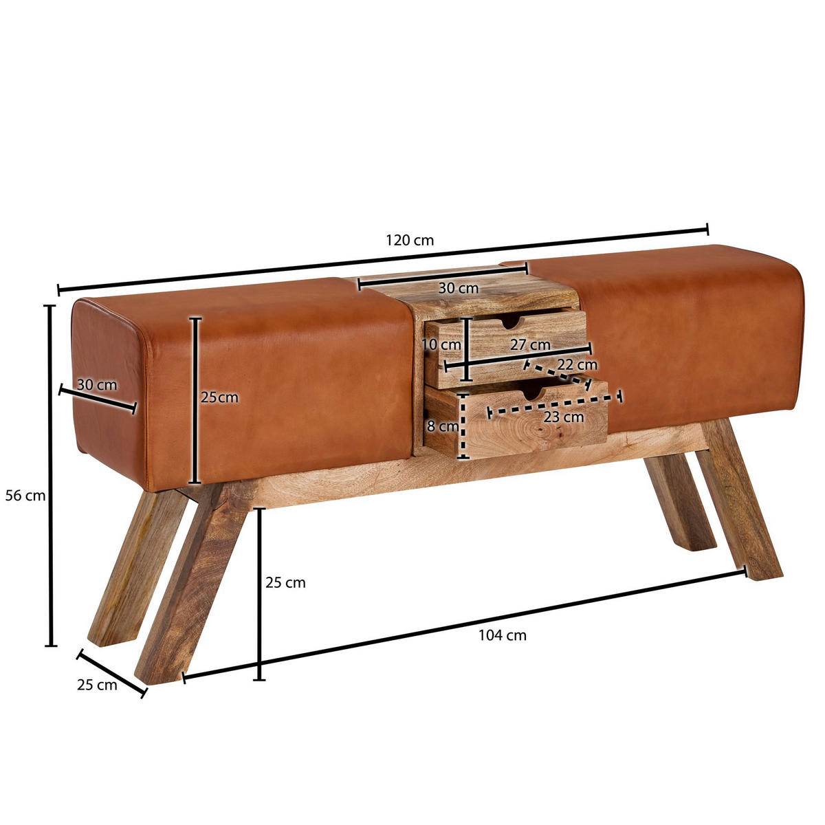 Wohnling Sitzbank braun natur Leder Echtholz B/H/T: ca. 120x56x30 cm Sitzbank - braun/natur (120,00/56,00/30,00cm) - Wohnling