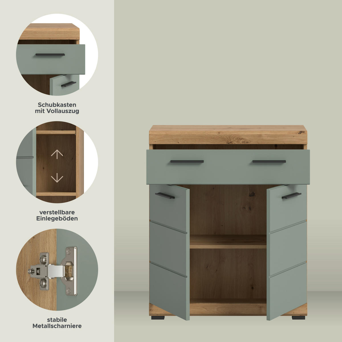 Schrank Scout Eiche Artisan Nachbildung salbei Nachbildung B/H/T: ca. 74x88x31 cm Scout - Eiche/salbei (74,00/88,00/31,00cm) - xonox.home
