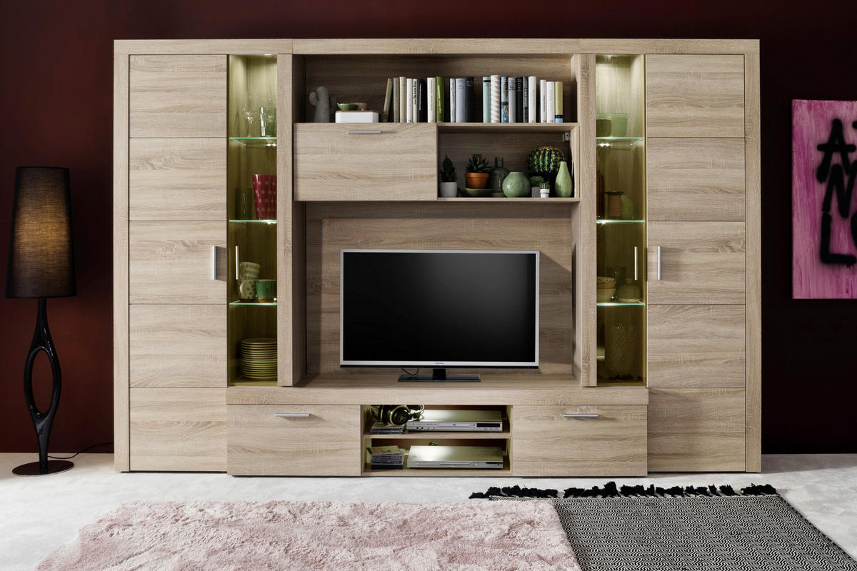 Wohnwand Mondeo Eiche Sägerau hell Nachbildung B/H/T: ca. 291x197x41 cm Mondeo - Eiche (291,00/197,00/41,00cm) - Trendteam