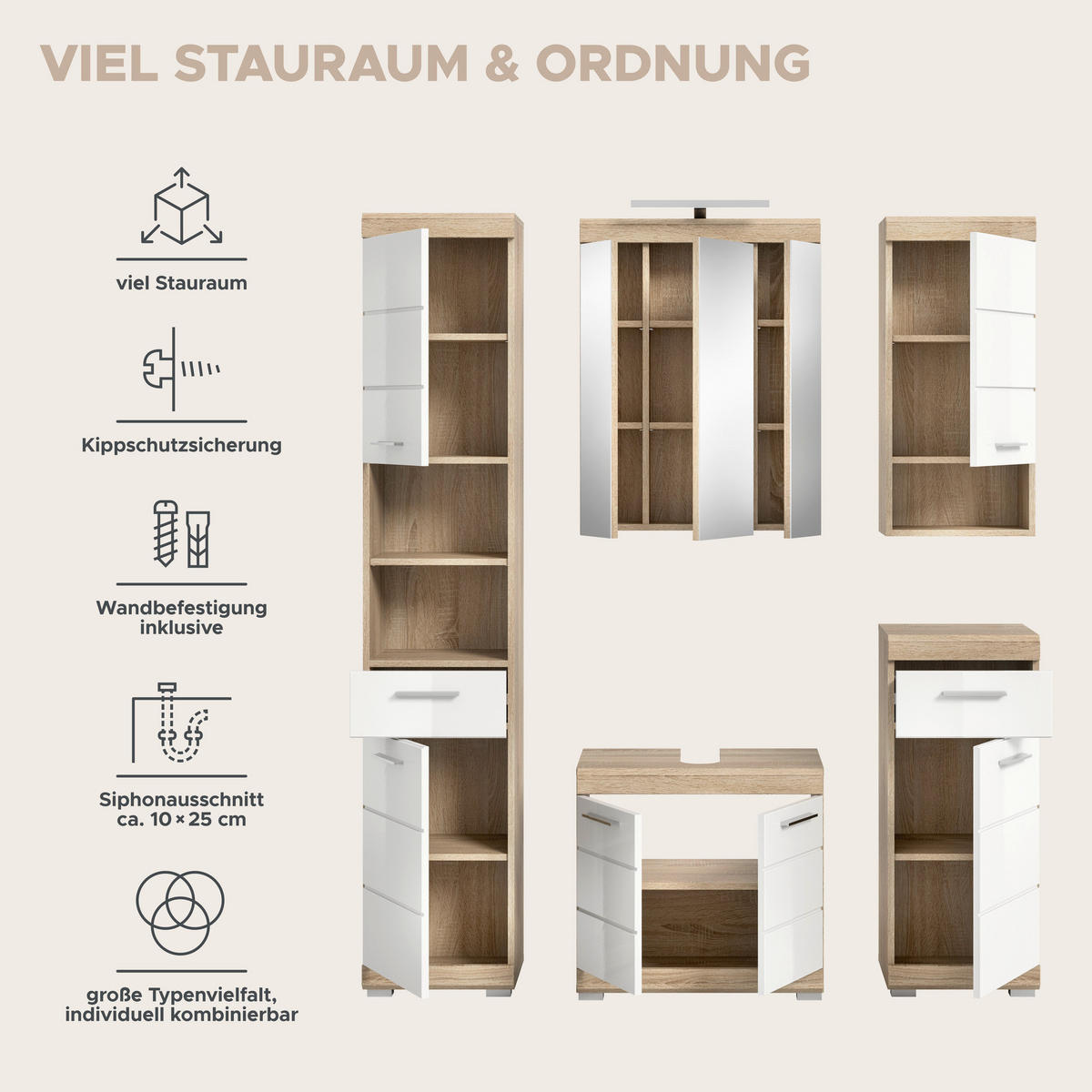 Badezimmer-Set Lambada Eiche Sonoma Nachbildung weiß Hochglanz B/H/T: ca. 164x191x34 cm Lambada - Eiche/weiß (164,00/191,00/34,00cm) - xonox.home