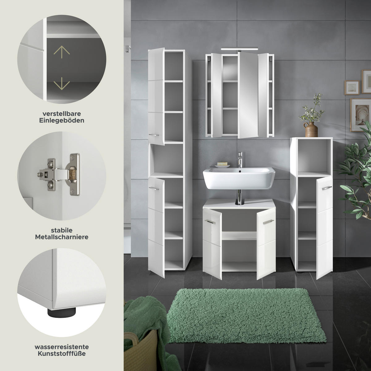 Badezimmer-Set Ice weiß weiß Hochglanz B/H/T: ca. 150x185x30 cm Ice - weiß (150,00/185,00/30,00cm) - xonox.home
