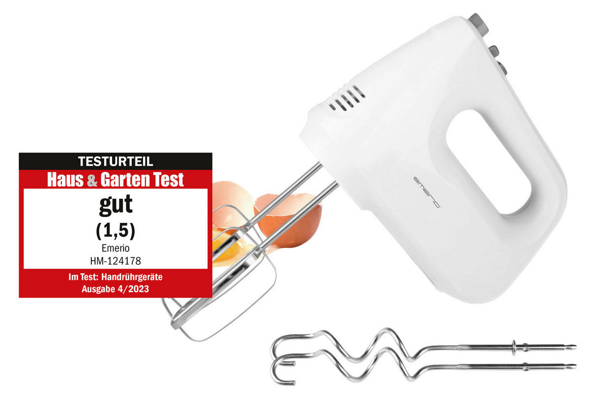 Emerio Handmixer HM-124178 silber weiß Edelstahl Kunststoff B/H/T: ca. 8,3x13,7x18,3 cm Handmixer HM-124178 - weiß/silber (8,30/13,70/18,30cm) - Emerio
