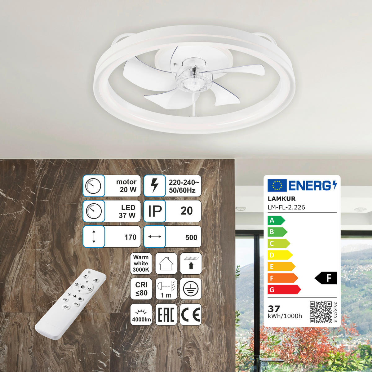 Lamkur LED-Deckenventilator FALCO 49885 weiß H/L: ca. 17x50 cm max. 40 W Falco - weiß (50,00cm) - Lamkur