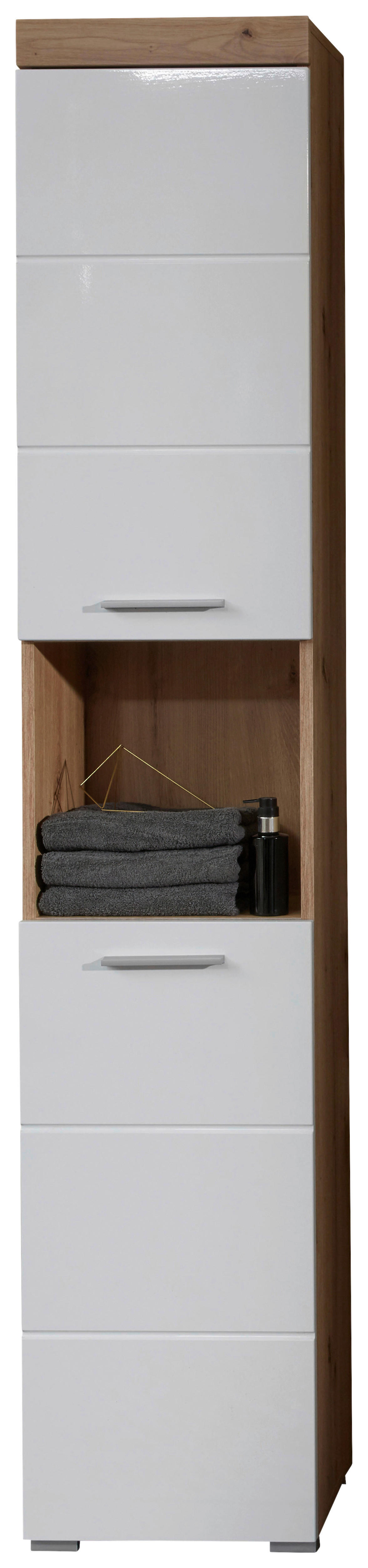 Hochschrank Amanda weiß Hochglanz Asteiche Nachbildung B/H/T: ca. 37x190x31 cm Amanda - weiß (37,00/190,00/31,00cm) - Trendteam