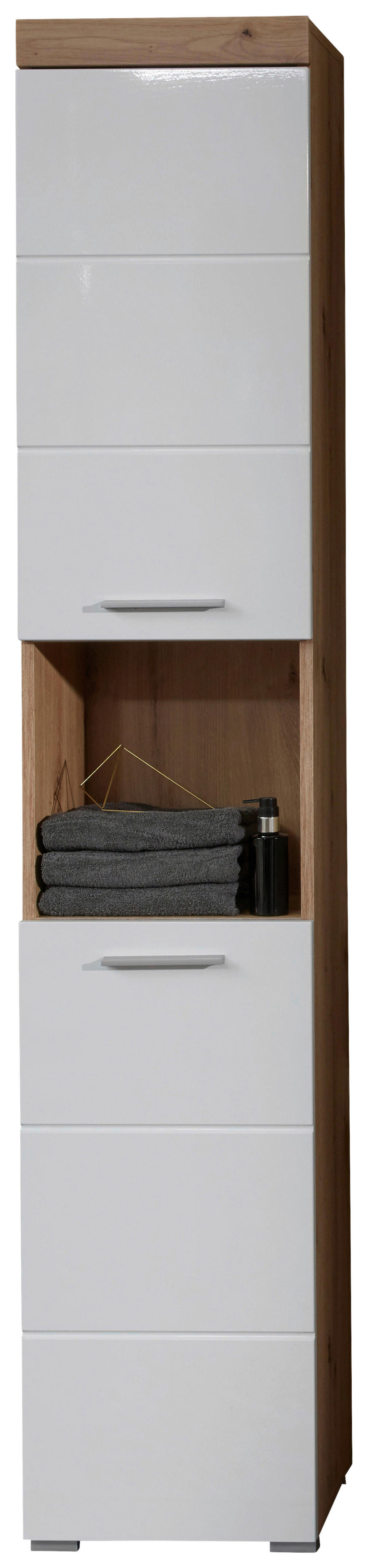 Hochschrank Amanda weiß Hochglanz Asteiche Nachbildung B/H/T: ca. 37x190x31 cm Amanda - weiß (37,00/190,00/31,00cm) - Trendteam