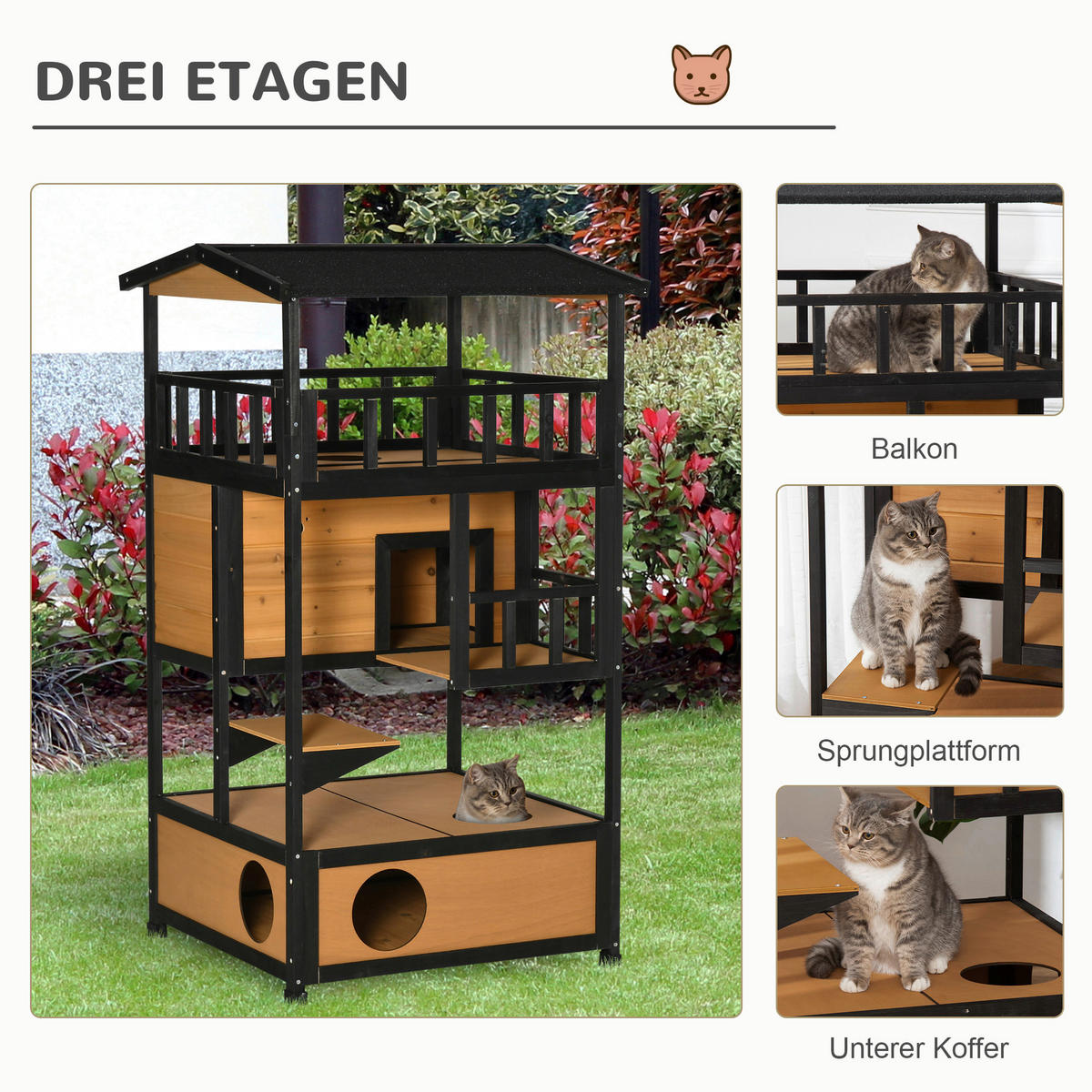PawHut Katzenhaus schwarz Holz B/H/L: ca. 75x137x75,5 cm Katzenhaus - gelb/schwarz (75,50/75,00/137,00cm) - PawHut