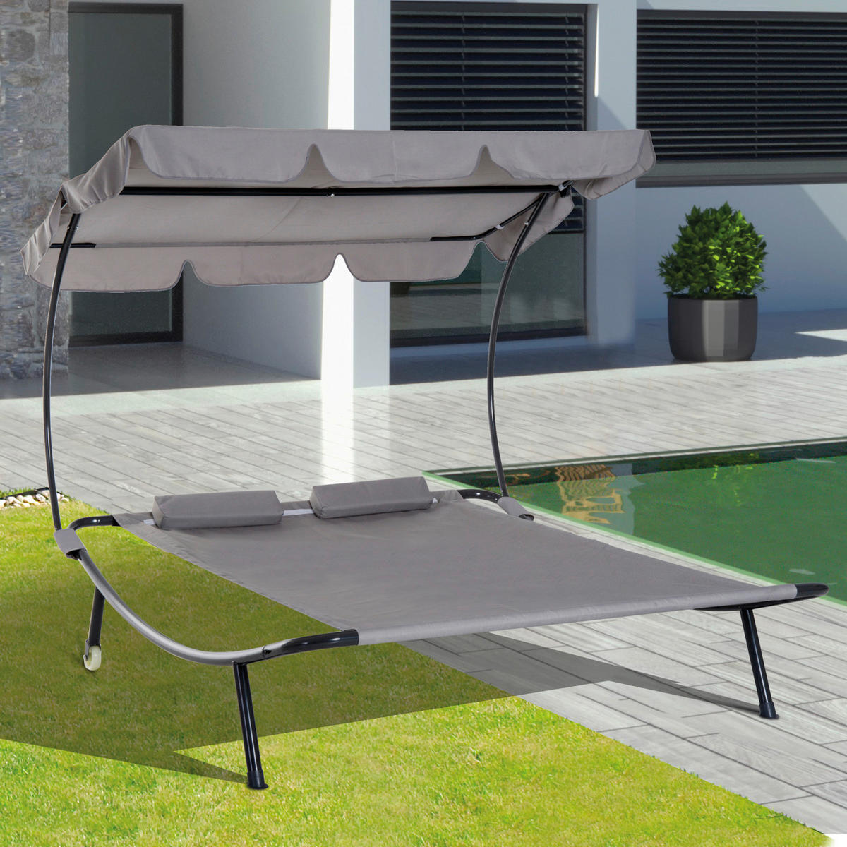 Outsunny Doppelliege grau Stahl B/H/L: ca. 170x134x200 cm Doppelliege_mit_Dach - grau (200,00/170,00/134,00cm) - Outsunny