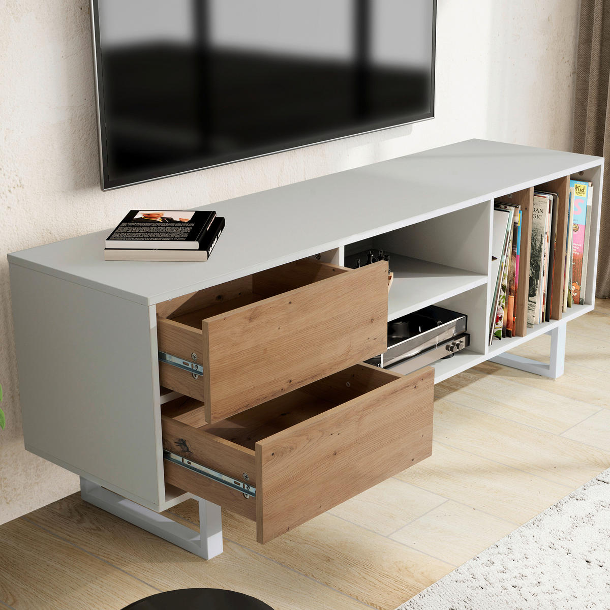 Lowboard weiß Eiche Optik B/H/T: ca. 150x55x40 cm TV & Lowboard - weiß (150,00/55,00/40,00cm) - Wohnling