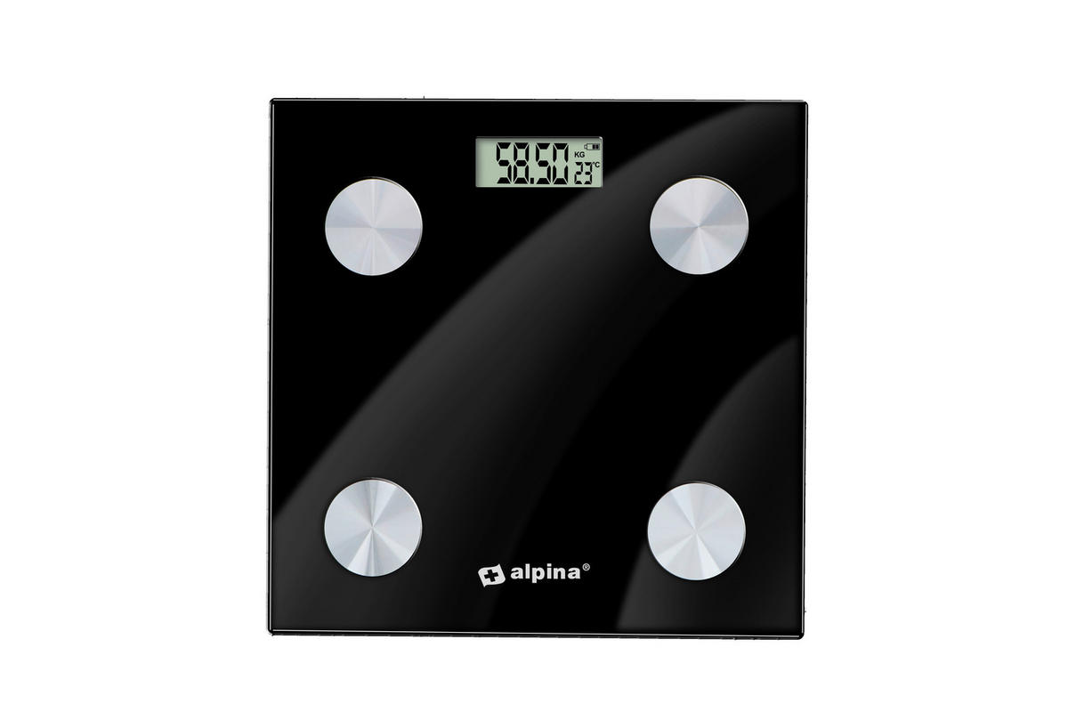 Alpina Personenwaage schwarz Edelstahl B/L: ca. 28x28 cm Bluetooth-Körperanalysewaage - schwarz (28,00/28,00cm) - Alpina